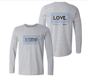 Branded apparel with messages, including "God speaks all languages" is available.