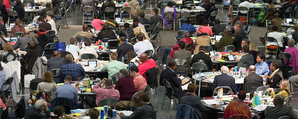 Delegates consider legislation during the 2016 United Methodist General Conference in Portland, Ore. Amid the COVID-19 pandemic, the Commission on the General Conference has named a technology study team to explore how to accommodate full participation at the lawmaking assembly now scheduled for Aug. 29-Sept. 7, 2021. File photo by Mike DuBose, UM News.