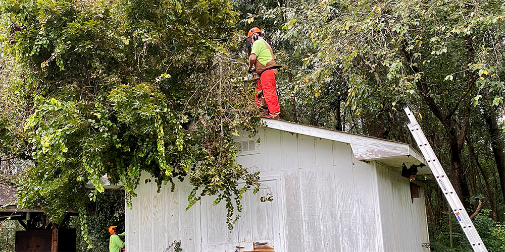 An early response team from South Carolina responds to relief/recovery work at South Brookley United Methodist Church in Mobile, Alabama, after the destructive path of Hurricane Sally. On the roof is the Rev. John Elmore, pastor of St. Mark United Methodist Church, Greenwood, South Carolina. On the ground is Phil Griswold, member of New Beginnings United Methodist Church, Boiling Springs, South Carolina. Photo by Jill Evans.