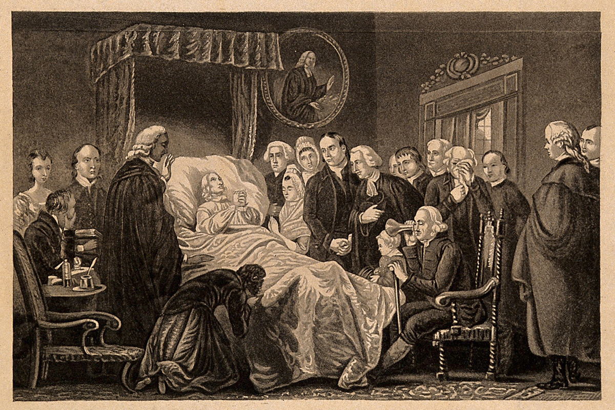 The death-bed of John Wesley, 1791. Mezzotint engraving by John Sartain (1808-1897) after painter Marshall Claxton (1813-1881). Image from Wellcome LIbrary, courtesy of Wikimedia Commons.