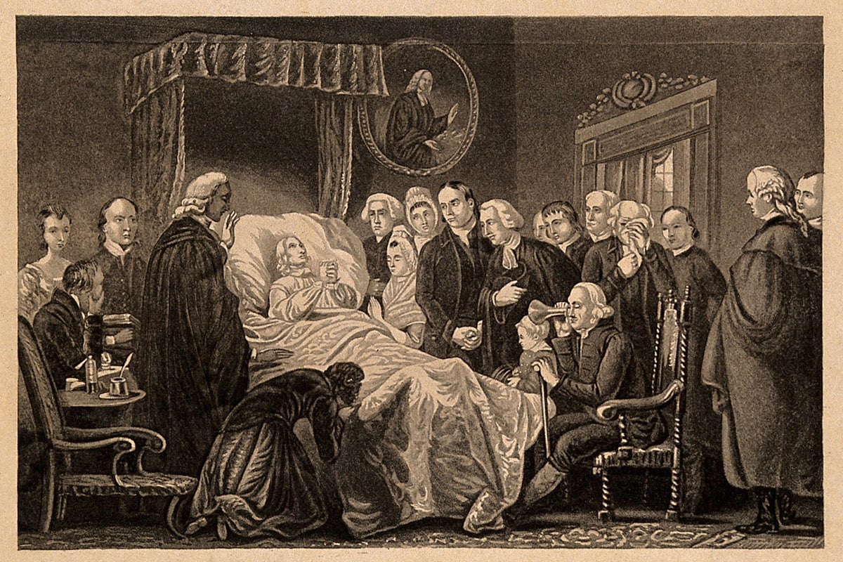 The death-bed of John Wesley, 1791. Mezzotint engraving by John Sartain (1808-1897) after painter Marshall Claxton (1813-1881). Image from Wellcome LIbrary, courtesy of Wikimedia Commons.