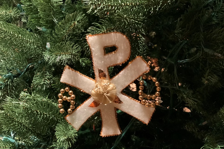 A chi rho Christian symbol on a Chrismon tree at Belmont United Methodist Church in Nashville, Tennessee