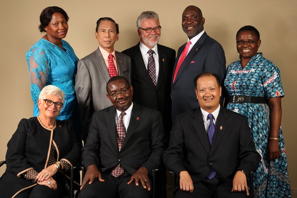 Members of the 2016-2020 Judicial Council. (From left) Front row: Deanell Reece Tacha, N. Oswald Tweh Sr., the Rev. Luan-Vu Tran. Back row: Lydia Romão Gulele, the late Ruben T. Reyes, the Rev. Øyvind Helliesen, the Rev. Dennis Blackwell, and the Rev. J. Kabamba Kiboko. (Not pictured, Beth Capen) The Judicial Council released more decisions on March 16.  Photo by Kathleen Barry, United Methodist Communications.