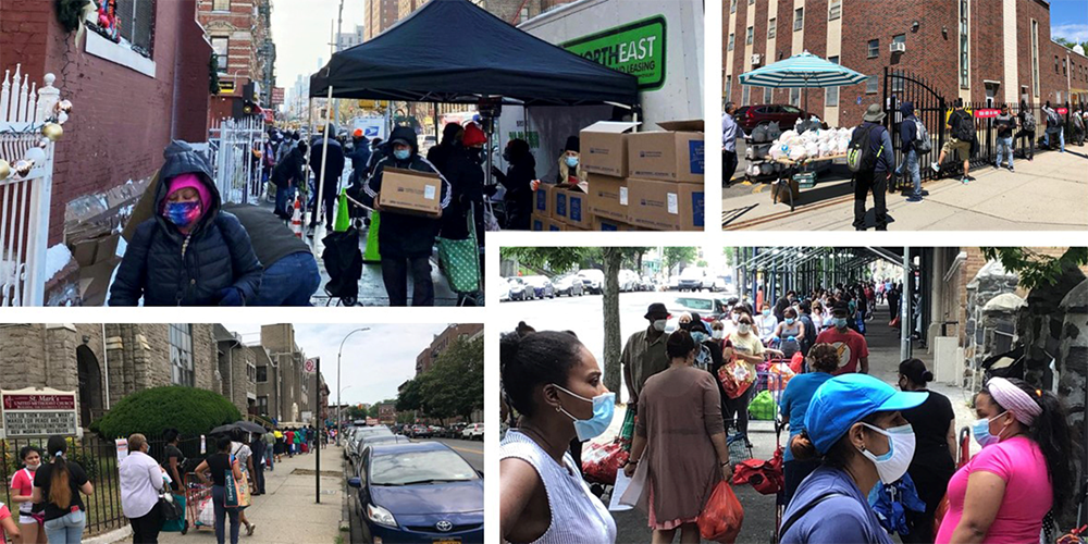 2020 was a difficult year for many New Yorkers. Above are food lines outside United Methodist churches (clockwise from top left) First Spanish UMC in East Harlem; First UMC in Flushing, Queens; St. Mark’s UMC in Brooklyn; and Calvary UMC in the Bronx. Photos: courtesy of the churches named.