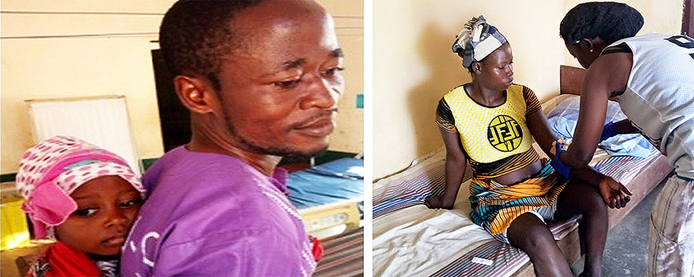 Left: Animata holds tight to her dad in the Sierra Leone Hospital where she received her malaria treatment. Right: Amelia Toe receives malaria medicine at the United Methodist John Dean Town Clinic in Liberia. Photos: Health Boards of Sierra Leone and Liberia.