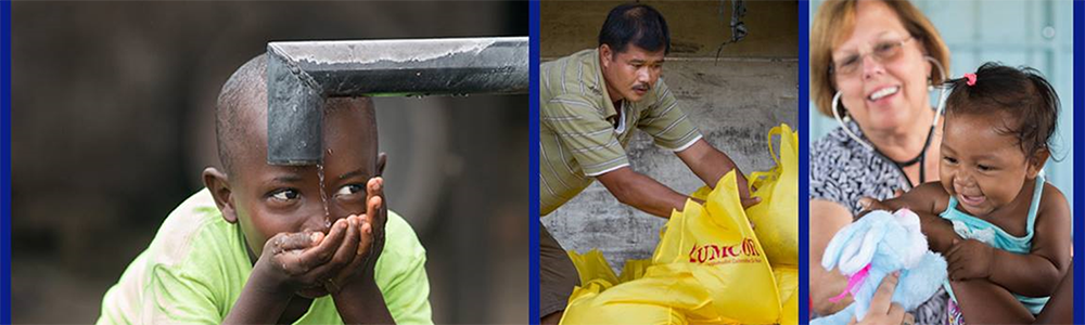 (Clockwise from top left) Water project in Liberia; relief supplies in Philippines; doctor and patient in Brazil. Photos by Mike DuBose, UM News.