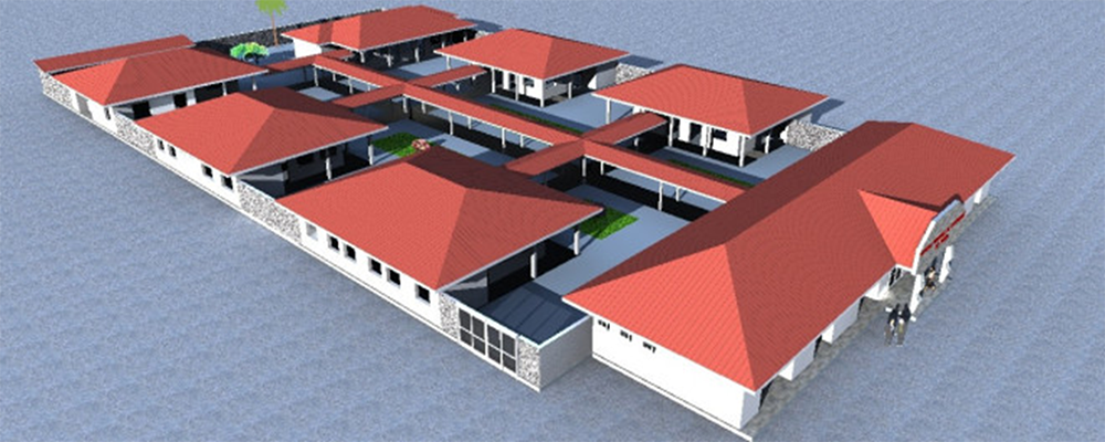 The elevated plan of the Tunda General Hospital shows the layout of the buildings in relation to one other and covered walkways of the compound. Illustration: Gaston Kandolo Kanyantwa.