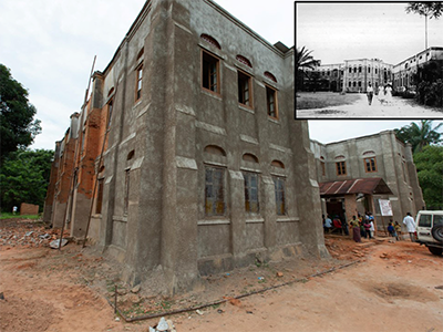 The old Tunda hospital, as photographed in 2016, shows efforts to brace and shore up the façade. Photo: Mike DuBose, um news. The black and white inset shows the building in the mid-1950s. Photo: Roy Smyres, BOGM
