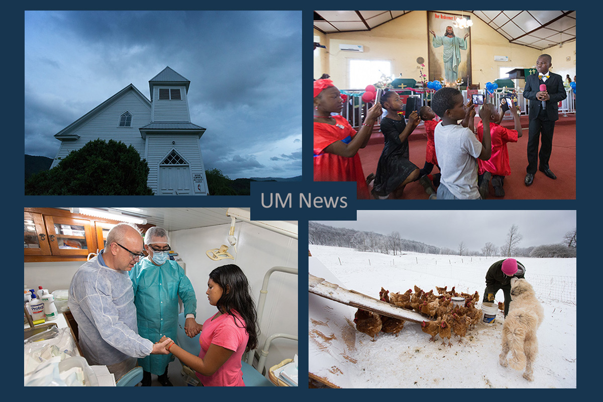 From top left: Storm clouds swirl behind Pine Grove United Methodist Church in Bastian, Va.; Hillary Cooper, 11, gives the sermon at Tubman Memorial United Methodist Church in Monrovia, Liberia; Andy, a recovering addict, gets a smooch from guard dog at Brookside Farm rehabilitation program in Aurora, W.Va.; the Rev. Armando Rodriguez Jr. (left) prays with Dr. Dimas Hidalgo (center) and Nelcilone Broga onboard the John Wesley medical boat while docked in Murutinga, Brazil. All photos by Mike DuBose, UM News.