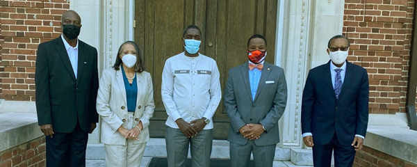L to R: Mr. James Salley, associate vice chancellor for institutional advancement, Dr. Verlie Tisdale, Claflin U's interim vice provost, Rev. Dr. Peter Mageto,  AU's acting vice chancellor, Dr. Dwaun Warmack, Claflin U's president and Dr. Karl Wright, Claflin U's provost. Courtesy photo.