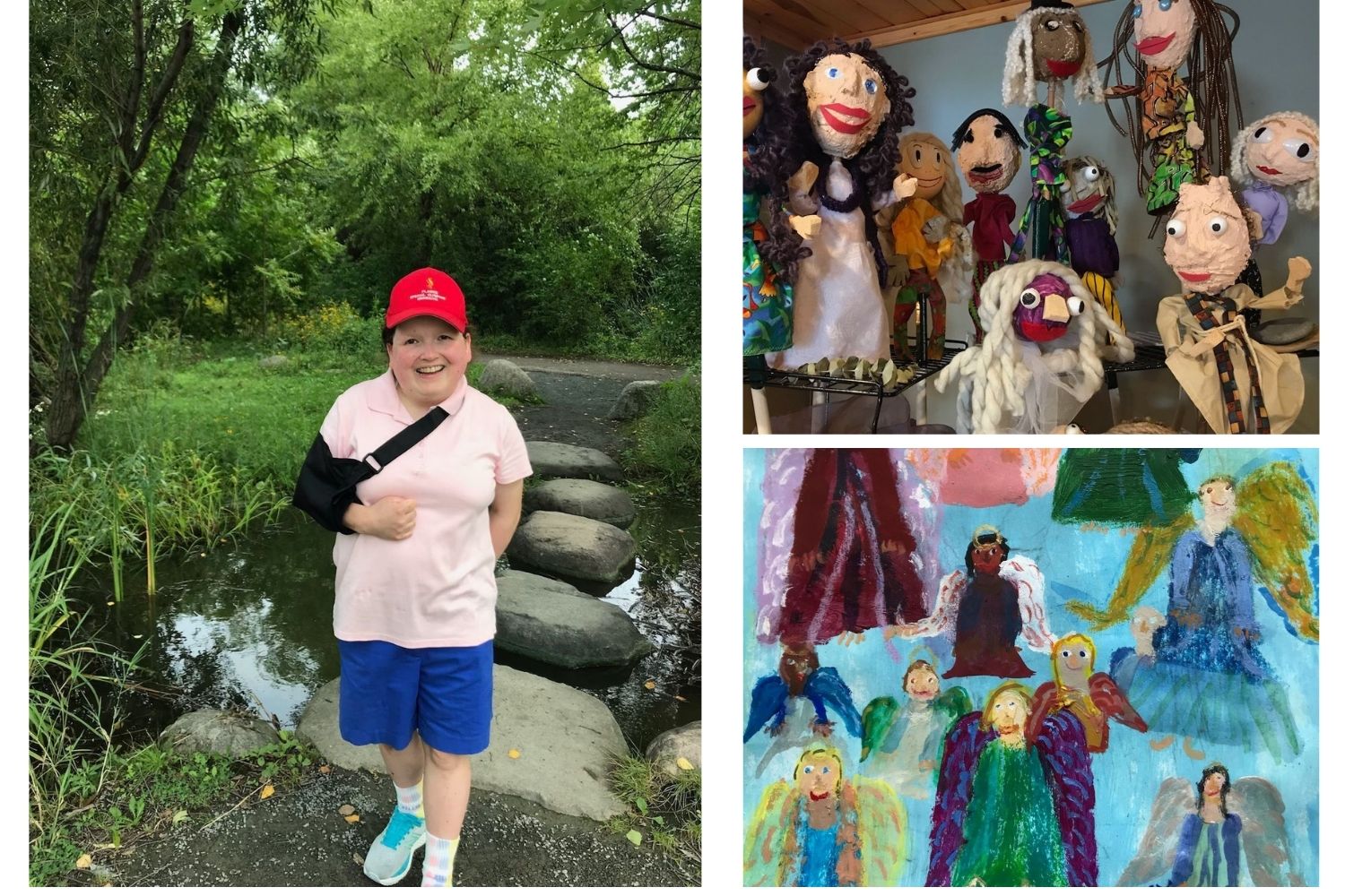 연합감리교인인 이브 뉴먼(좌)은 5세 때 뇌 손상을 입었다. 그녀는 인종관계위원회 산하의 기능장애위원회의 일원이다. 그녀는, “장애가 있는 사람들도 장애가 없는 사람만큼이나 배움의 기회를 가질 자격이 있다”라고 말한다. 사진 우측 상단의 인형들은 뉴먼을 포함한 플레임즈 회원들이 만든 것들이다. 우측 하단의 천사들은 뉴먼이 그린 작품이다. Canva 사진 콜라주, 연합감리교회 공보부. 