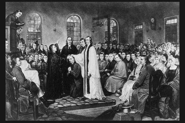 La ordenación del Obispo Francis Asbury realizada por el Obispo Thomas Coke en Baltimore, Maryland durante la Conferencia de Navidad, la histórica reunión que estableció la Iglesia Episcopal Metodista de los Estados Unidos en 1784. Un grabado de A. Gilchrist Campbell de una pintura de Thomas Coke Ruckle, 1882. Cortesía de la Colección Metodista de la Universidad Drew (Madison, Nueva Jersey) a través de Wikimedia Commons.