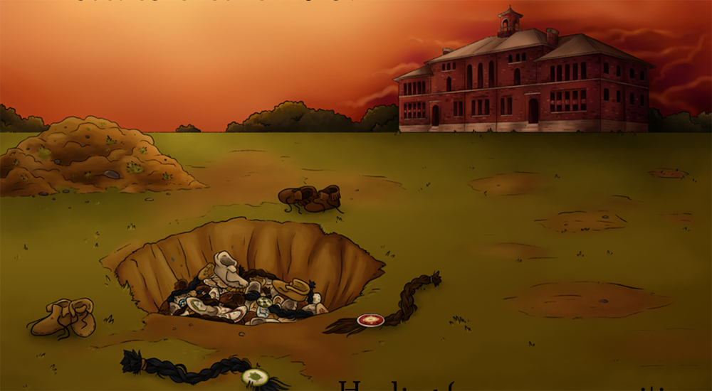 The artist, Paige McNatt explains her image. “The school is in the background with the children’s moccasins and shorn braids being buried with the truth in the foreground. I wanted to have dark, looming clouds in the sky behind the school to convey the darkness and pain that it represents. I chose to have “justice for our children” behind a yellow, more hopeful part of the sky. On the grass, there are brown spots to show that there are many other holes where the truth of the devastation has been buried, just like the one in the foreground of the drawing.”