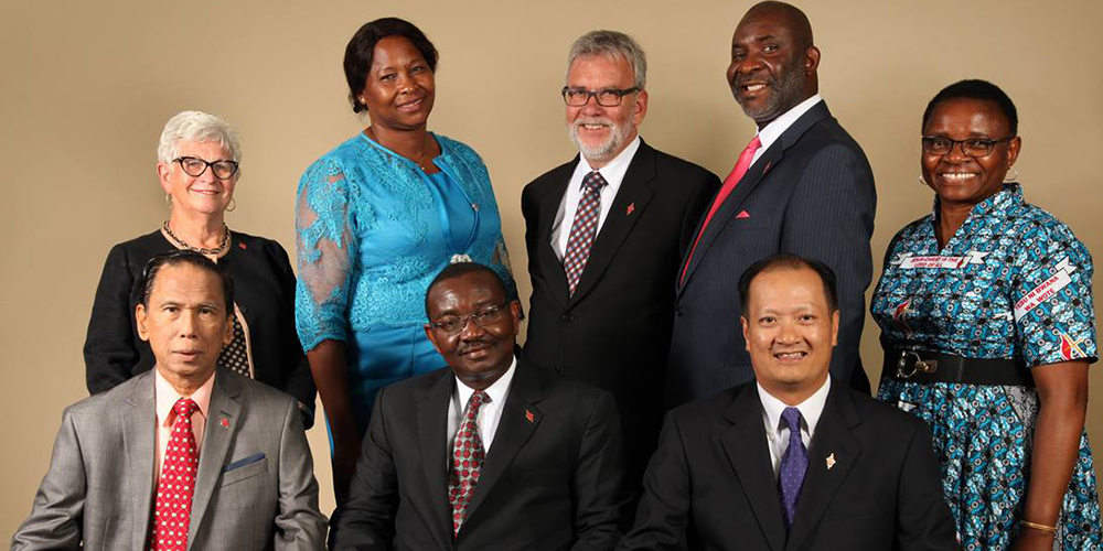 Members of the 2016-2020 Judicial Council. (From left) Front: Ruben T. Reyes, N. Oswald Tweh Sr., the Rev. Luan-Vu Tran. Back row: Deanell Reece Tacha, Lídia Romão Gulele, the Rev.Øyvind Helliesen, the Rev. Dennis Blackwell, and the Rev. J. Kabamba Kiboko. (Not pictured, Beth Capen) Photo by Kathleen Barry, United Methodist Communications. 