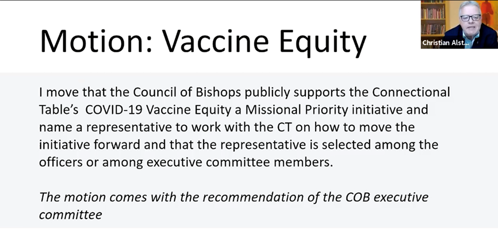 The United Methodist Council of Bishops, meeting in open session Nov. 5, received updates on their finances, affirmed the effort to make vaccine access a missional priority, and approved a study on online communion. Screengrab courtesy of the Council of Bishops via ZOOM by UM News.