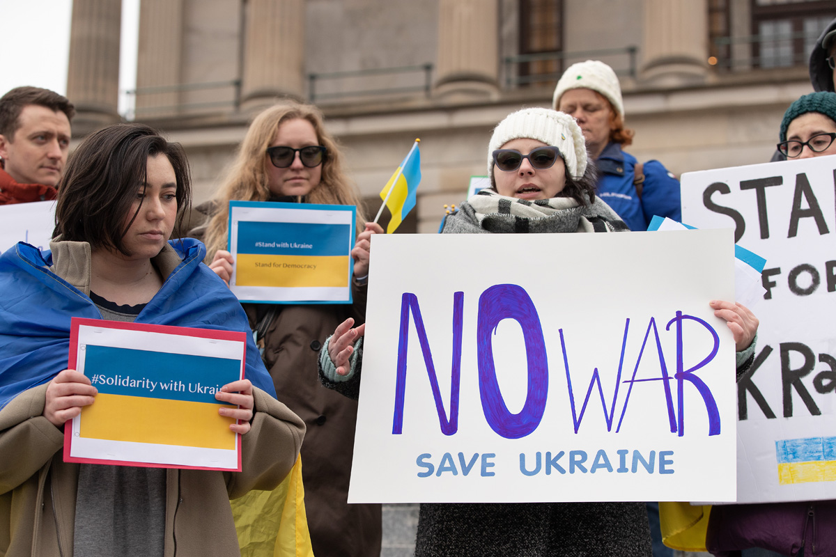 Members of the Ukrainian community and supporters gather for a peace vigil on the steps of the Tennessee State Capitol in Nashville on Feb. 25. Photo by Mike DuBose.