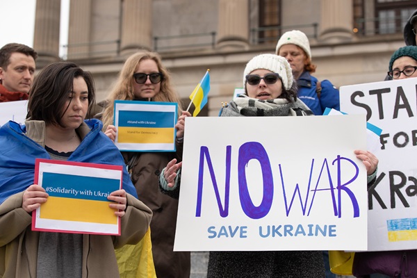 Members of the Ukrainian community and supporters gather for a peace vigil on the steps of the Tennessee State Capitol in Nashville on Feb. 25. Photo by Mike DuBose.