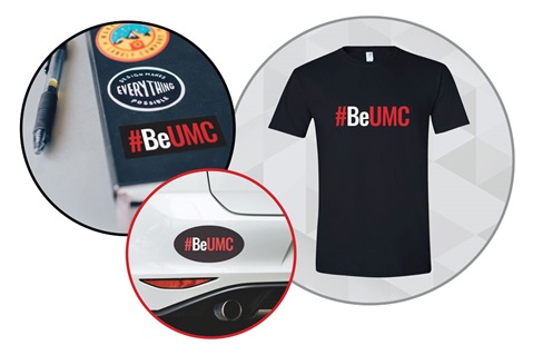 Images of #BeUMC sticker, magnet, and shirt available for purchase.  Images of #BeUMC sticker, magnet, and shirt available for purchase.