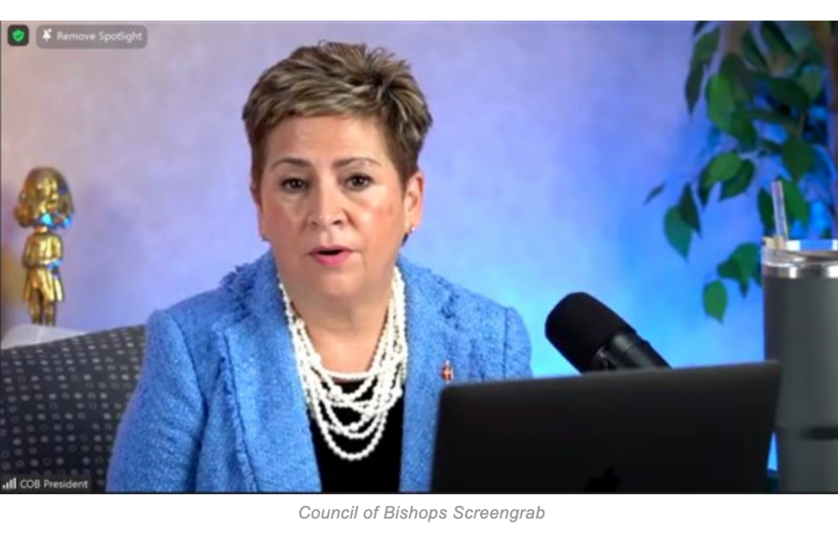 COB President Bishop Cynthia Fierro Harvey presiding at the Wednesday Zoom session of the Spring Meeting of the Council of Bishops of The United Methodist Church. The bishops voted to support Bishop Patrick Streiff for his leadership in the Central Conference of Central and Southern Europe. Image provided by the Council of Bishops.
