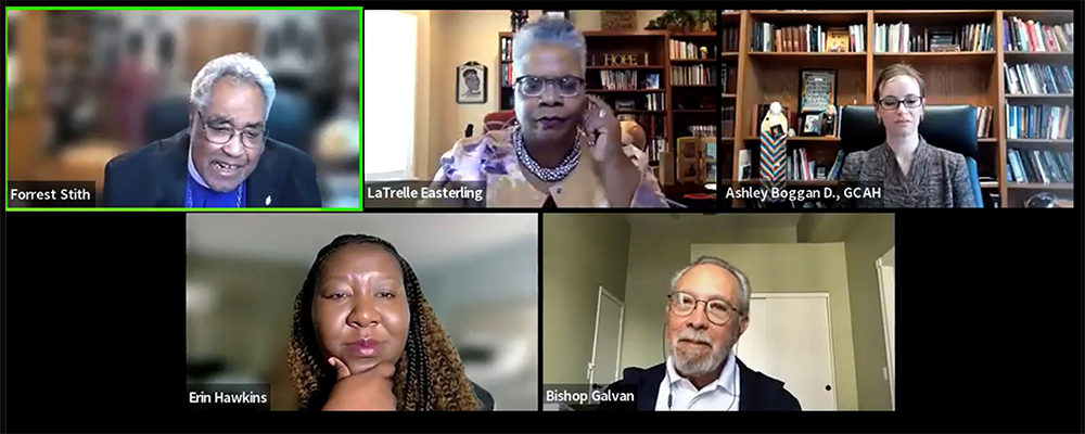 Clockwise from left, retired Bishop Forrest C. Stith, Bishop LaTrelle Easterling, retired Bishop Elías Galván, Ashley Boggan Dreff and Erin Hawkins join in conversation about the historical context of The United Methodist Church's anti-racism work. Dreff pointed out that multiple previous divides in Methodism cited race as a main cause. Screengrab courtesy of the Council of Bishops via Zoom by UM News.