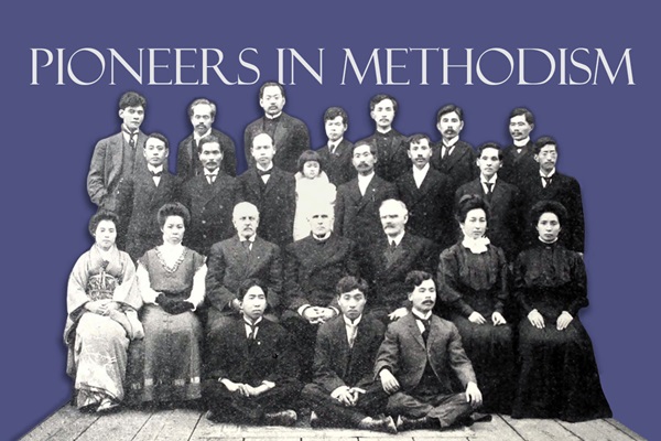 The Rev. Zenro Hirota (second row from the top, third from the left) poses with other attendees of the 10th Annual Session of the Pacific Japanese Mission of the Methodist Episcopal Church held in Seattle, Wash., in 1909. Hirota is listed as “pastor at San Francisco” on the original legend. Image courtesy of Archives and History of the California-Pacific Conference; graphic by Laurens Glass, United Methodist Communications.