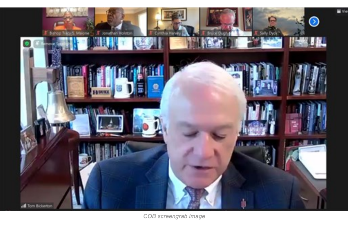 COB President Bishop Thomas J. Bickerton offers the opening prayer at the start of the special called meeting of the Council of Bishops of The United Methodist Church on Thursday, May 12, 2022. Image provided by the Council of Bishops.