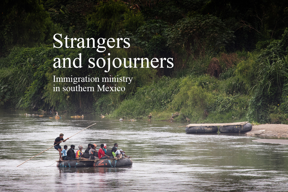 A guide using a raft made from inner tubes ferries people across the Suchiate River from Guatemala into Mexico near Ciudad Hidalgo. Migrants routinely cross the border into Mexico here, many of them hoping to eventually make their way to the United States. Photo by Mike DuBose, UM News.