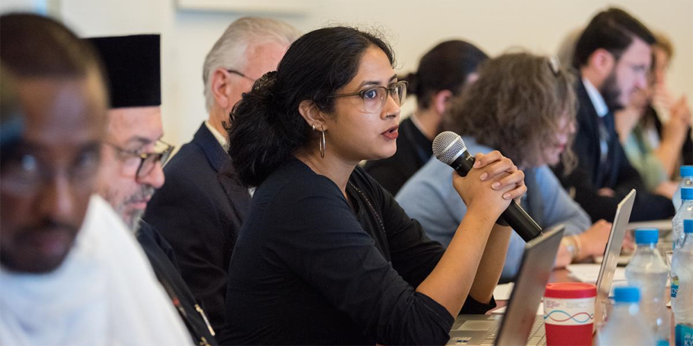 Ruth Mathen of the Malankara Orthodox Syrian Church presents a report to an Inter-Orthodox Pre-Assembly Consultation to the World Council of Churches 11th Assembly. Photo: Albin Hillert/WCC