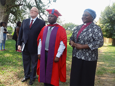 The Rev. Julio Andre Vilanculos (center) stands with Bishop Joaquina Filipe Nhanala (right) and the Rev. Jamisse Taimo (left) during his inauguration as rector of the United Methodist University of Mozambique in Cambine, in 2018. Vilanculos graduated from Africa University in 2009 with a degree in theology and a masters in arts and religious studies. File photo by Francisco Cumbe.