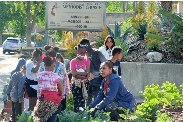 Joi Nichols (al extremo derecho) sirve como hortelana principal de la IMU Crenshaw, en Los Ángeles. La labor de alcance comunitario de la iglesia aborda el hambre en el vecindario por medio de un huerto, entregas de cajas de alimentos y otros ministerios. Foto cortesía de la IMU Crenshaw.