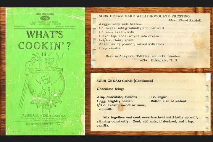 Recipe card for sour cream cake from a 1948 Ellendale, ND Methodist church cookbook