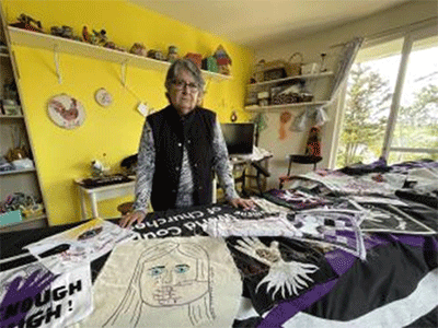 Tapestry artist Janine Marja Schneider sews regret, hope, and love into “Waterfall of Solidarity and Resistance.” Photo courtesy of WCC.