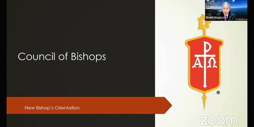 Bishop Grant Hagiya (upper right) speaks during a presentation on new bishop orientation during the Council of Bishops meeting held Aug. 26 over Zoom. Screengrab courtesy of the Council of Bishops via Zoom by UM News.