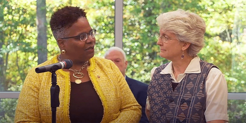 Bishop LaTrelle Easterling, at left, and Bonnie Marden, chair of the Northeastern Jurisdiction episcopacy committee, offer an overview of recommendations for how many bishops the jurisdiction should elect. The jurisdiction's bishops recommended no elections and the episcopacy committee recommended one. Ultimately, the delegates voted to elect two when the jurisdictional conference meets Nov. 2-5. Screengrab courtesy of the Greater New Jersey Conference via YouTube by UM News.