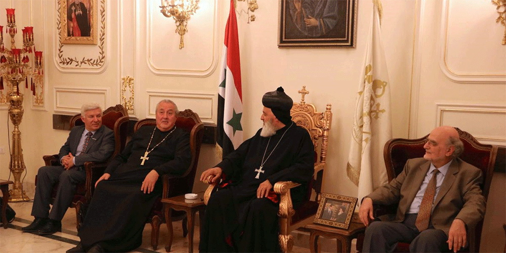 WCC acting general secretary Rev. Prof. Dr Ioan Sauca, the general secretary of ACT Alliance Rudelmar Bueno de Faria and the  Middle East Council of Churches secretary general Dr Michel Abs meet His Holiness Patriarch Mor Ignatius Aphrem II, Patriarch of Antioch and All the East and Supreme Head of the Universal Syriac Orthodox Church.  Photo:  MECC