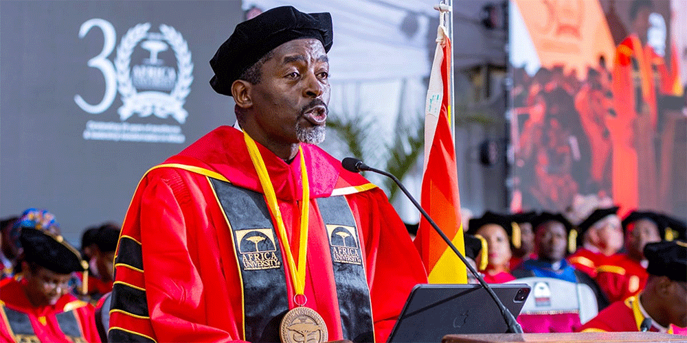 The Rev. Peter Mageto speaks during his installation service as the fifth vice chancellor of Africa University in Mutare, Zimbabwe. Mageto, who was born in Kenya, is the first non-Zimbabwean to lead the United Methodist-related institution. Photo courtesy of the Africa University Public Affairs Office.