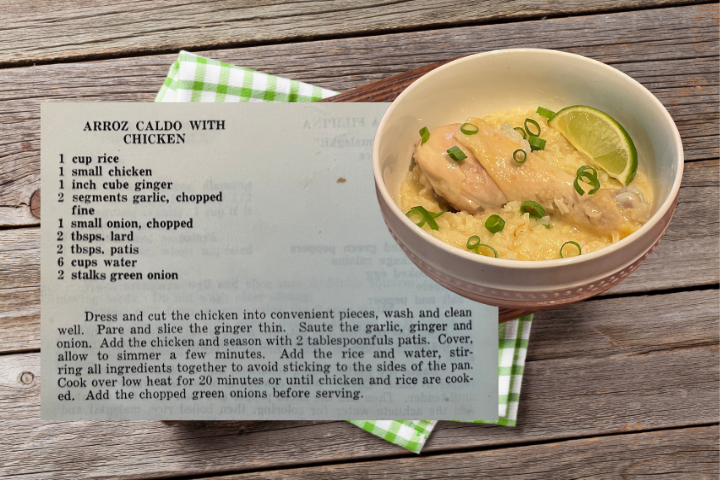 Recipe card for arroz caldo chicken and rice soup