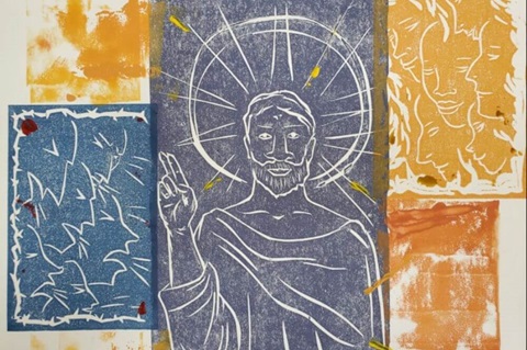 "Sanhedrin tries Jesus," woodblock print created by Dreama Lovitt for Holy Week Art Walk at West Market Street United Methodist Church. Photo courtesy of West Market Street UMC. "Sanhedrin tries Jesus," woodblock print created by Dreama Lovitt for Holy Week Art Walk at West Market Street United Methodist Church. Photo courtesy of West Market Street UMC.