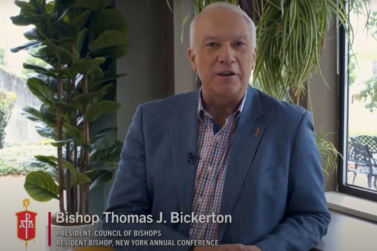 Bishop Thomas J. Bickerton shown delivering a message via a brief video message for annual conferences and local churches.  (Image courtesy of United Methodist Communications.)