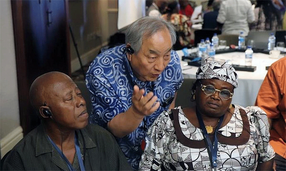 Bishop Hee-Soo Jung (center) of Global Ministries speaks with P. EmMersyn Harris (left), associate director from the Liberia Annual Conference, and Virginia Baba Bambur, Women's Desk secretary, Central Nigeria Annual Conference, during the agency’s consultation April 17-19 in Maputo, Mozambique. The United Methodist Board of Global Ministries met with partners in Africa to plan for current and future mission programs. Photo by the Rev. Isaac Broune, UM News.