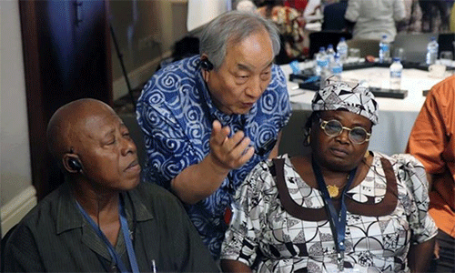 Bishop Hee-Soo Jung (center) of Global Ministries speaks with P. EmMersyn Harris (left), associate director from the Liberia Annual Conference, and Virginia Baba Bambur, Women's Desk secretary, Central Nigeria Annual Conference, during the agency’s consultation April 17-19 in Maputo, Mozambique. The United Methodist Board of Global Ministries met with partners in Africa to plan for current and future mission programs. Photo by the Rev. Isaac Broune, UM News.