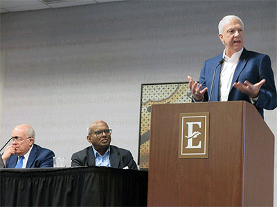 Council of Bishops President Bishop Thomas J. Bickerton addresses a joint meeting of the Connectional Table and the General Council of Finance and Administration board on May 18 in Nashville, Tenn. He said United Methodist bishops want to join in the conversation of how to reduce the number of U.S. bishops strategically without damaging the church’s mission. Photo by Heather Hahn, UM News.