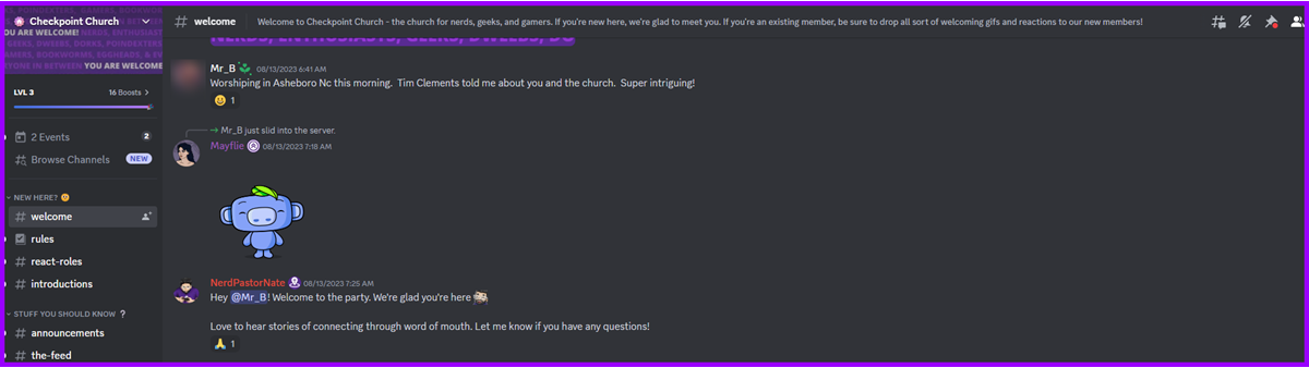 Checkpoint Church welcome chat on Discord