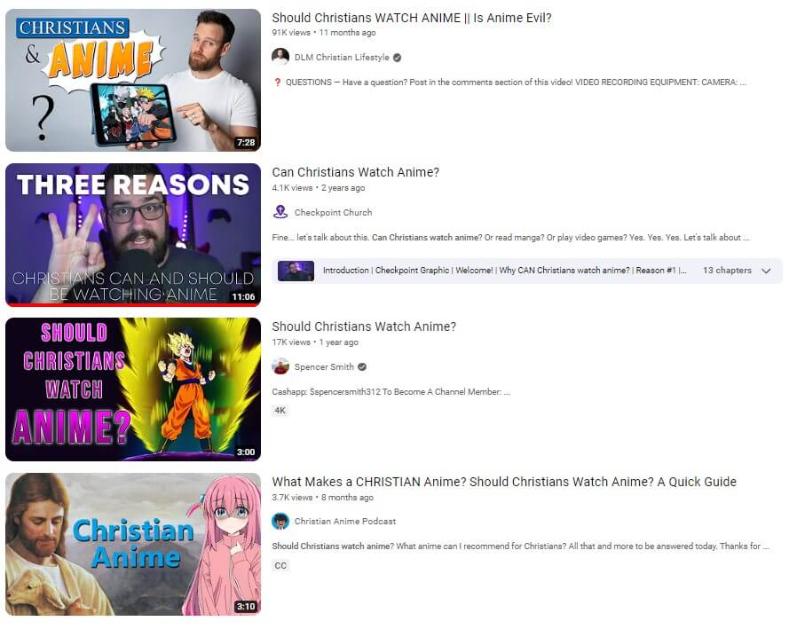 Screen grab of video listings about Christians and anime