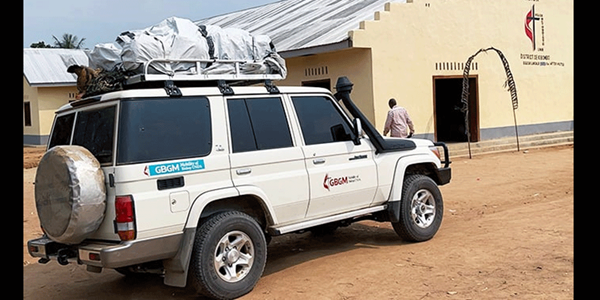 Each bishop in the Congo Central Conference, which includes four United Methodist episcopal areas covering six countries in central Africa, received an SUV with financial support from the United Methodist Board of Global Ministries. Here, one of the Land Cruisers sits in front of Victor Wetchi United Methodist Church in the Kibombo District in Congo. Photo by Chadrack Londe, UM News. Each bishop in the Congo Central Conference, which includes four United Methodist episcopal areas covering six countries in central Africa, received an SUV with financial support from the United Methodist Board of Global Ministries. Here, one of the Land Cruisers sits in front of Victor Wetchi United Methodist Church in the Kibombo District in Congo. Photo by Chadrack Londe, UM News.