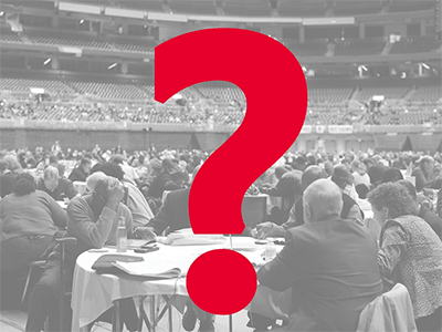 Delegates pause for prayer during the Feb. 23 Day of Prayer and Preparation at the 2019 Special Session of the United Methodist General Conference in St. Louis. Delegates for the upcoming session of General Conference are raising concerns that they have not yet received crucial information ahead of the April 23-May 3 gathering in Charlotte, N.C. File photo by Kathleen Barry, UM News.