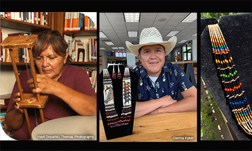 Barbara Phillips, a Navajo bead-weaver who made the original cross and flame necklace, demonstrates a traditional Navajo beading tool. Pictured with his signature horse design, Dennison Billy Jr., “J.R.,” is the crafter of the United Women in Faith necklaces.  Jana Jones, a United Women in Faith director from the Mountain Sky District, created the design for this hand-beaded UnitedWomen in Faith necklace.