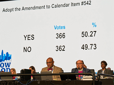 Bishop David Alan Bard of the Michigan Episcopal Area views the result of a close vote during debate April 30 at the United Methodist General Conference in Charlotte, N.C. Delegates voted to reduce the base rate for The United Methodist Church’s apportionment formula. Photo by Paul Jeffrey, UM News.