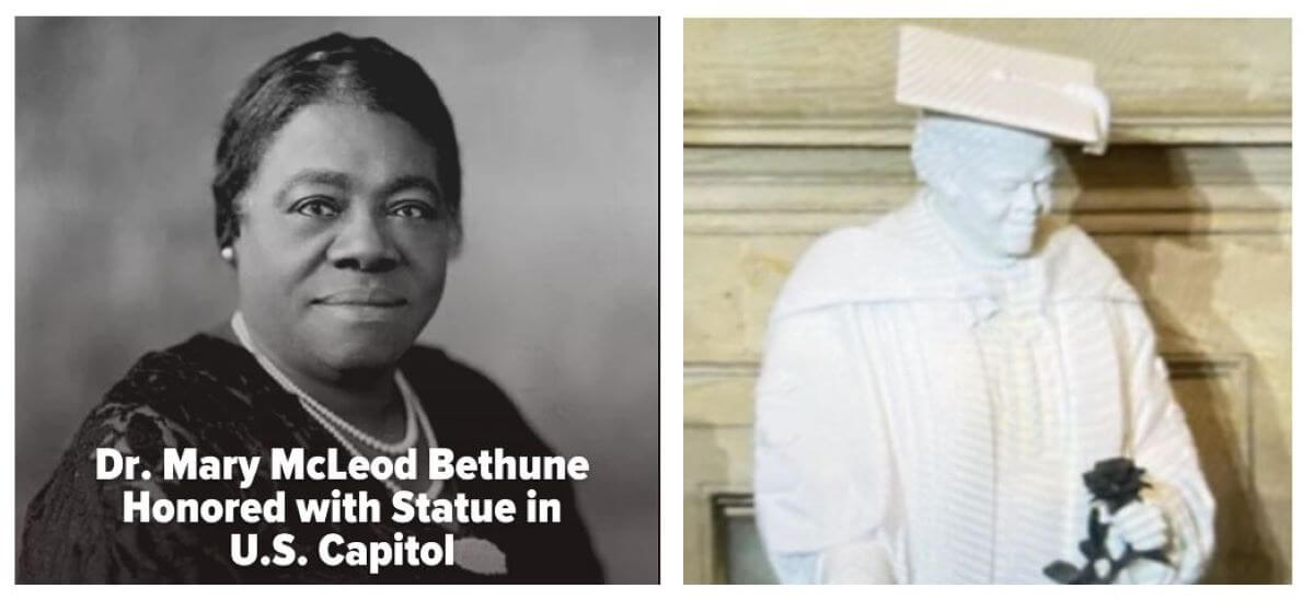 Side-by-side photo of Dr. Mary McLeod Bethune along with the statue dedicated in honor at the United Methodist Building