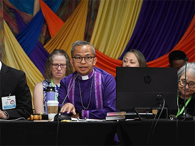 Bishop Carlo A. Rapanut, who leads the Desert Southwest Conference, speaks July 12 during the 2024 Western Jurisdictional Conference in Spokane, Washington. Starting Sept. 1, Rapanut will also lead the New Mexico Conference in the neighboring South Central Jurisdiction. Photo by Patrick Scriven, Pacific Northwest Conference, courtesy of the Western Jurisdiction.